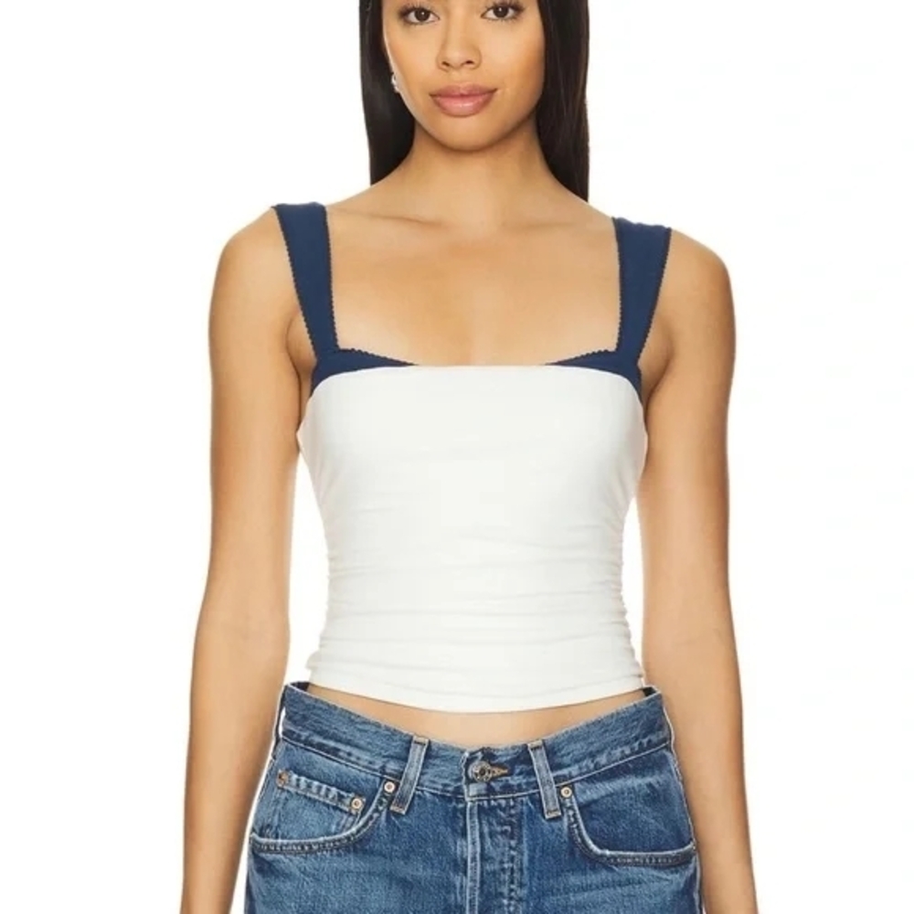 Free People White and Navy Tank Top